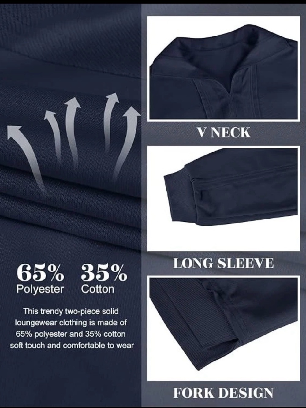 KFUBUO Women's Oversized Sweatshirt V Neck Long Sleeve Pullover, Navy sz XL - Picture 3 of 3